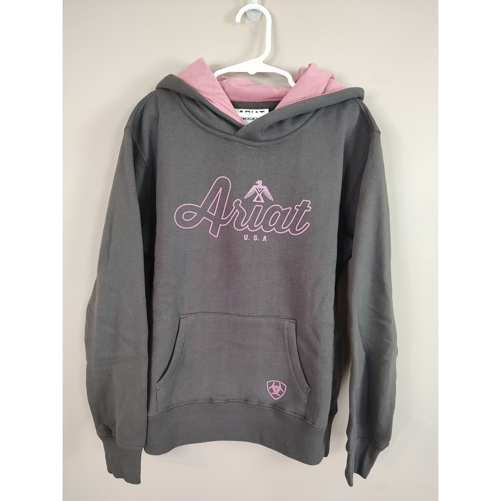 Ariat‎ ReAL Youth Girls Hoodie Charcoal Grey Pink Logo Sweatshirt Size M 10 NEW